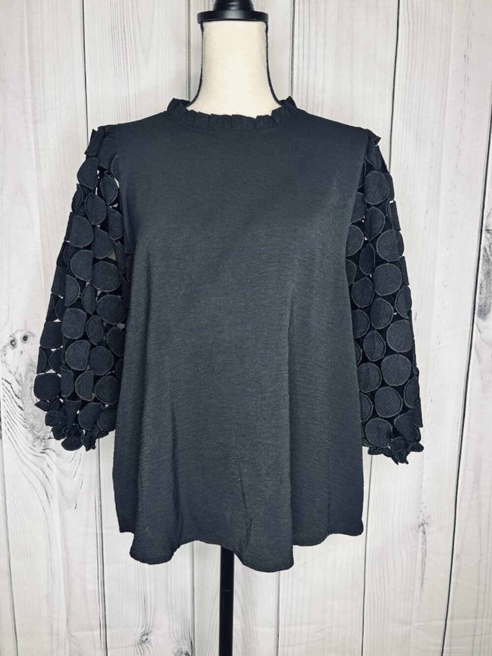 JODIFL Black Blouse Top Women's Sz M 3D Circle Cutwork Sleeves Textured